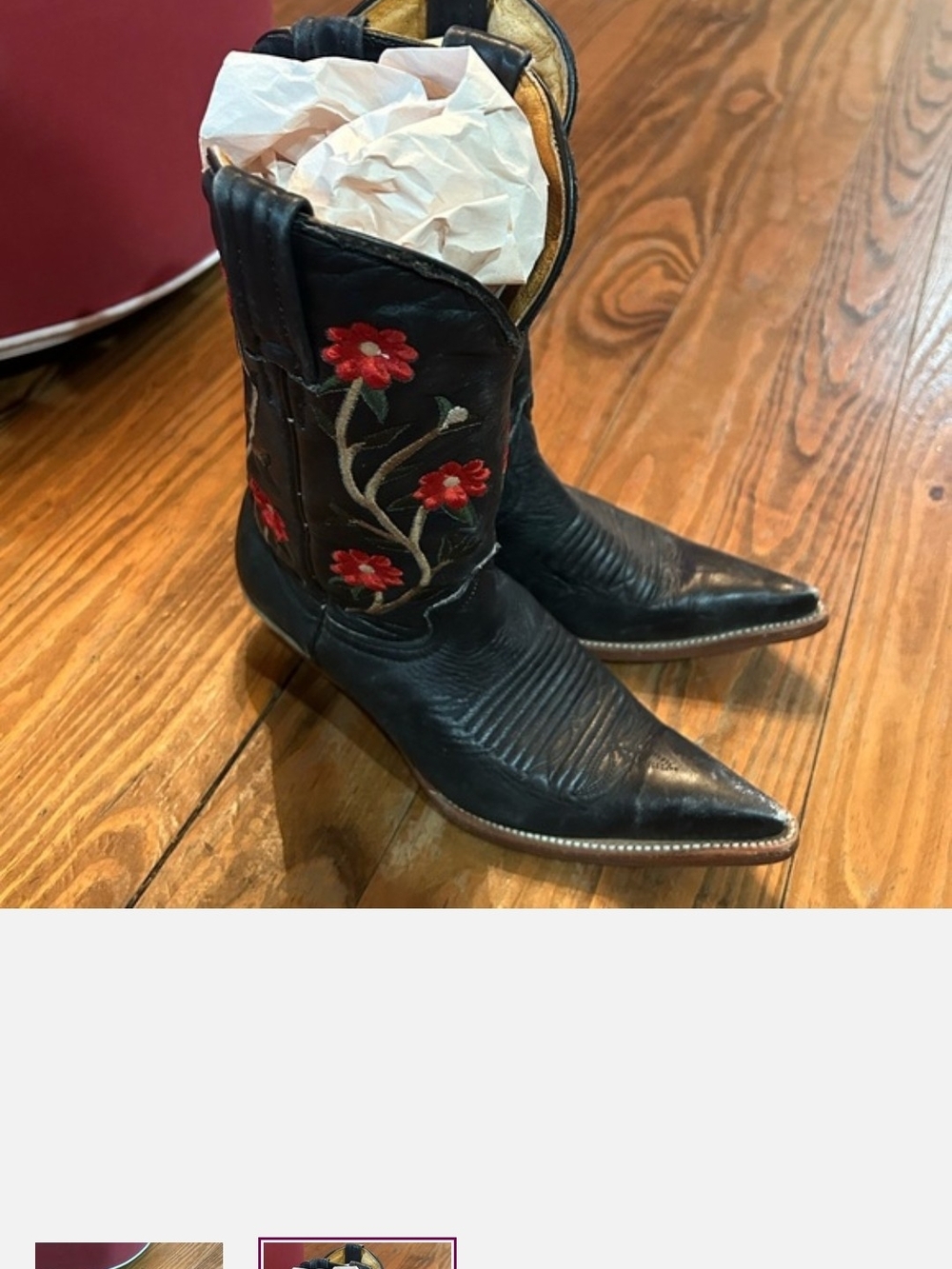 Reyme Vinage Women's Black Leather Cowboy Boots with Red Floral Embroidery